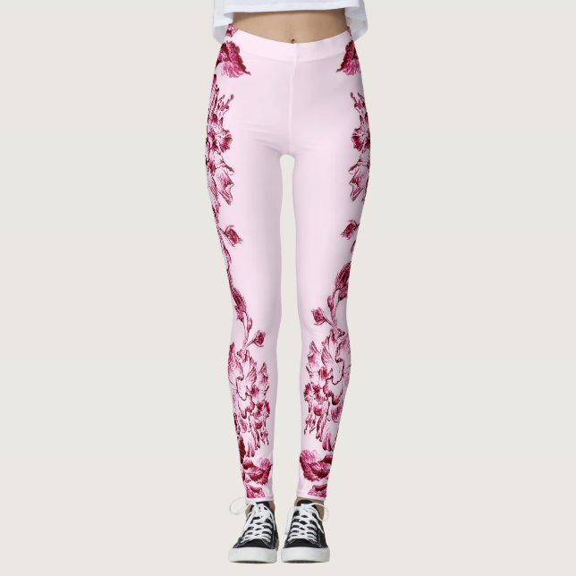 Double Hibiscus  Pink on Black  Leggings (Front)