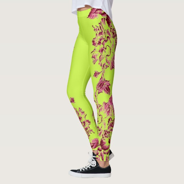 Double Hibiscus Pink on Lime  Leggings (Left)