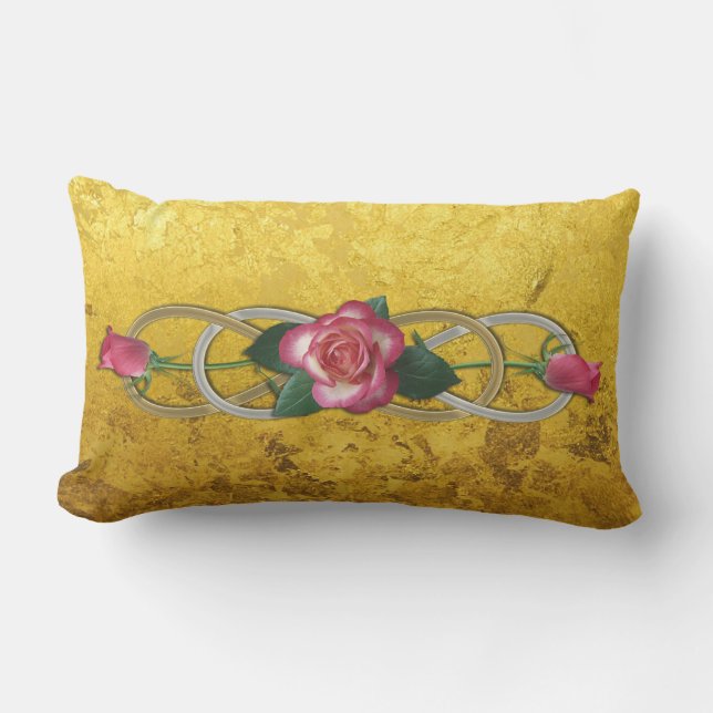 Double Infinity Silver Gold Roses + gold leaf Outdoor Pillow (Front)