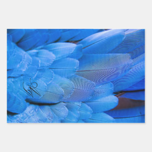 Double initials monogrammed blue feather wing bird wrapping paper sheet