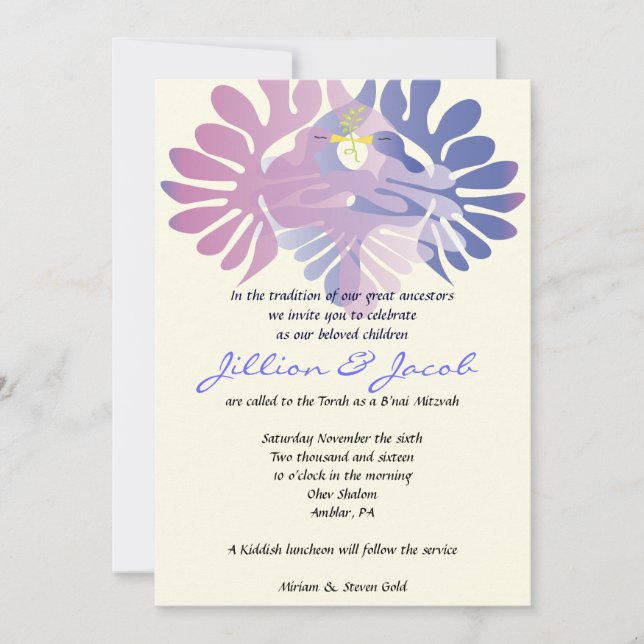 Double invitation de B'nai Mitzvah de colombes (Devant)