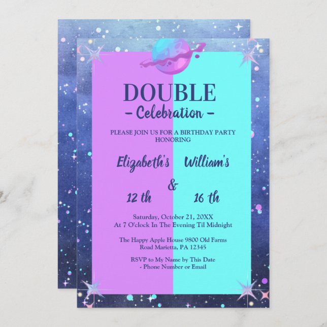 Double  Joint twin space birthday   Boy Girl Invitation (Front/Back)