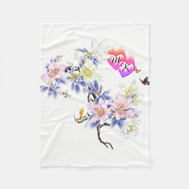 Double Monogram Flaming Hearts with Flowers Fleece Blanket (Front)