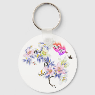 Double Monogram Flaming Hearts with Flowers Keychain