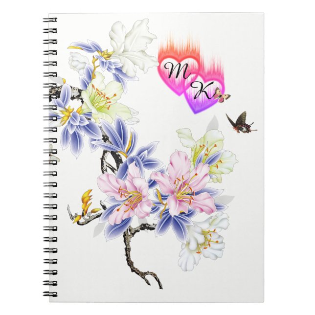 Double Monogram Flaming Hearts with Flowers Notebook (Front)