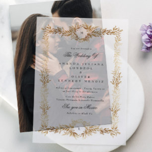 double monogram gold botanical frame wedding vellum invitations