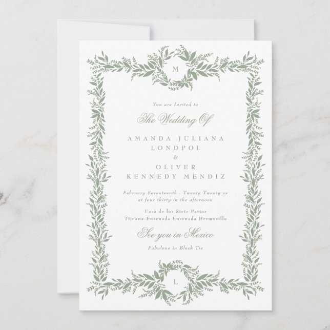 double monogram sage green botanical frame wedding invitation (Front)