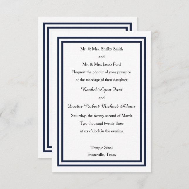 Double Navy Trim - 3x5 Wedding Invitation (Front/Back)