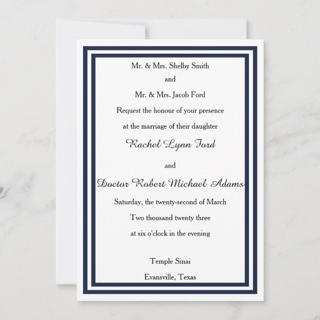 Double Navy Trim -5x7Wedding Invitation (Front)