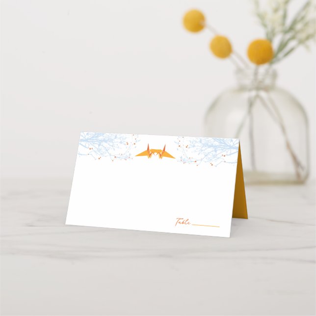 Double Origami Orange Paper Cranes Asian Wedding Place Card (Front)