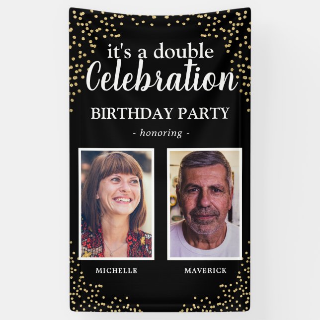 Double Photo Black Gold Birthday Party Banner (Vertical)