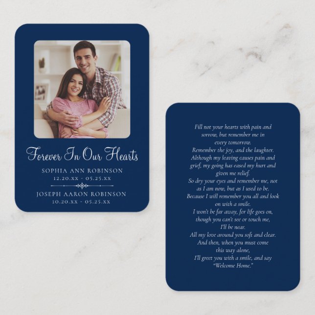 Double Photo Memorial Funeral Blue Prayer Card (Front/Back)