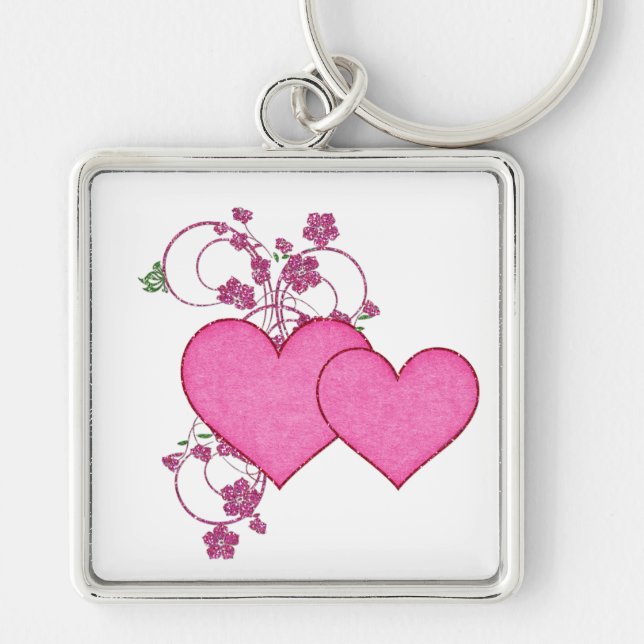 Double Pink Heart & Glitter Design Valentine's Day Keychain (Front)