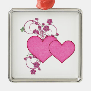 Double Pink Heart & Glitter Design Valentine's Day Metal Ornament