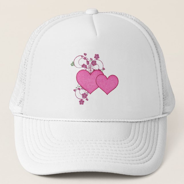 Double Pink Heart & Glitter Design Valentine's Day Trucker Hat (Front)