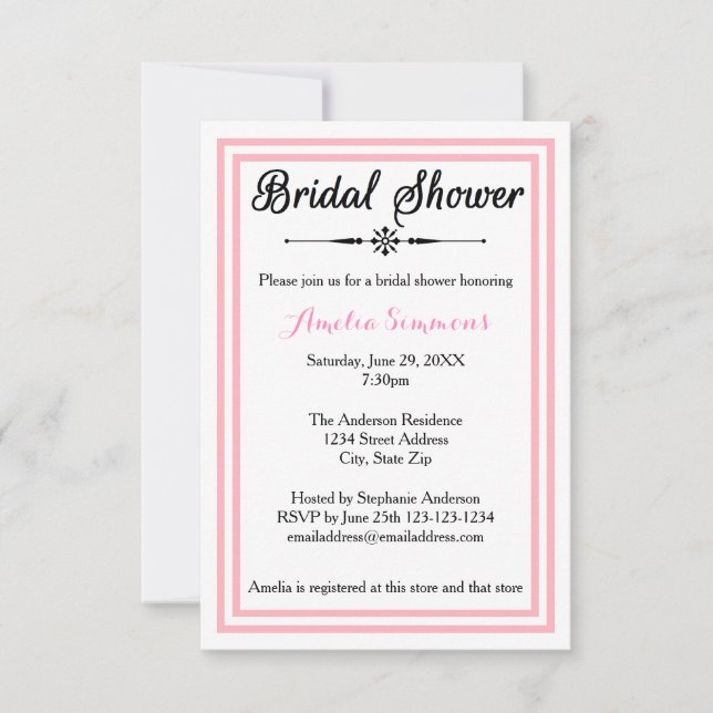 Double Pink Trim - 3x5 Bridal Shower Invitation (Front)