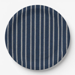 Double Pinstripes Navy Blue Ivory Weave Look Paper Plate