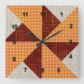 Double Pinwheel Gold Rust and Beige Quilt Square Wall Clock