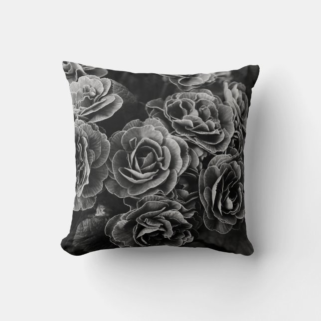 Double Primula Flowers, Black and White Throw Pillow (Front)