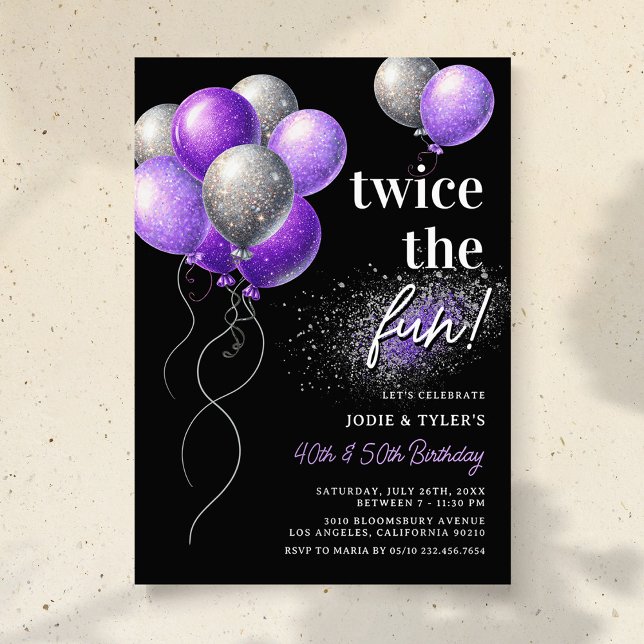 Double Purple and Silver Balloon Joint Birthday Invitation (Creator Uploaded)