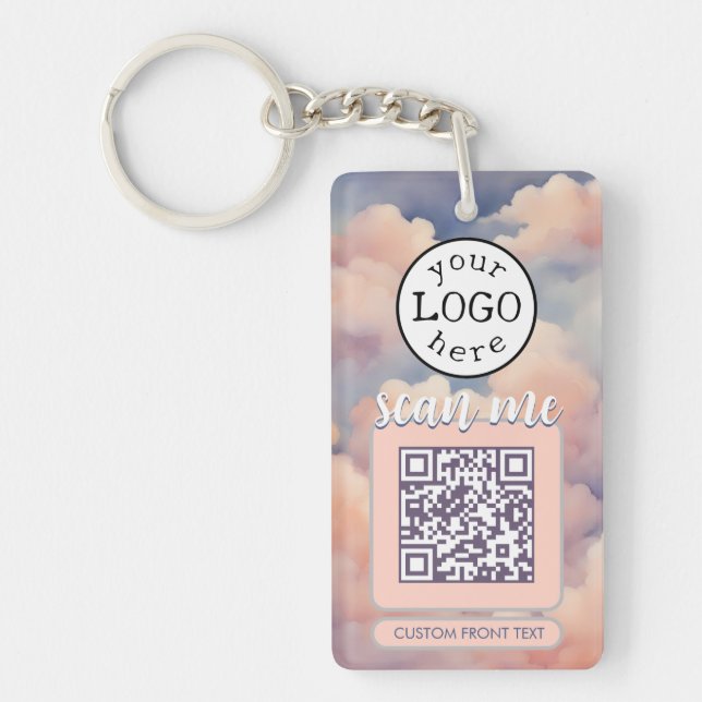 Double QR Code for Business Pink Clouds Keychain (Front)
