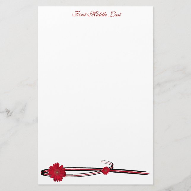 Double Red Gerber Daisy Sweep Personalized Stationery (Front)