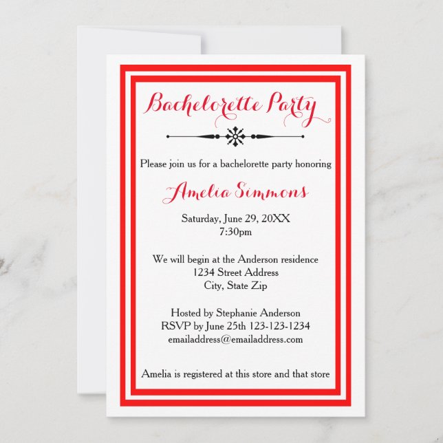Double Red Trim  - Bachelorette Invitation (Front)