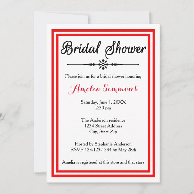 Double Red Trim -Bridal Shower Invitation (Front)