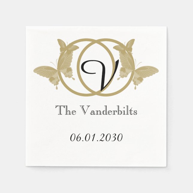 Double Ring Butterfly Monogram Wedding Napkin (Front)