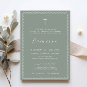 Double scalloped sage christening baptism invitation