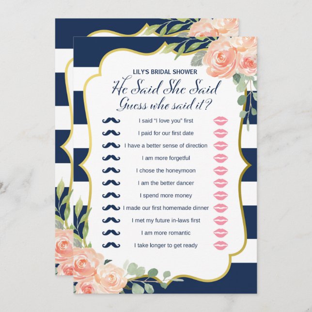 Double Side Navy Gold Bridal Shower Games Size Invitation (Front/Back)