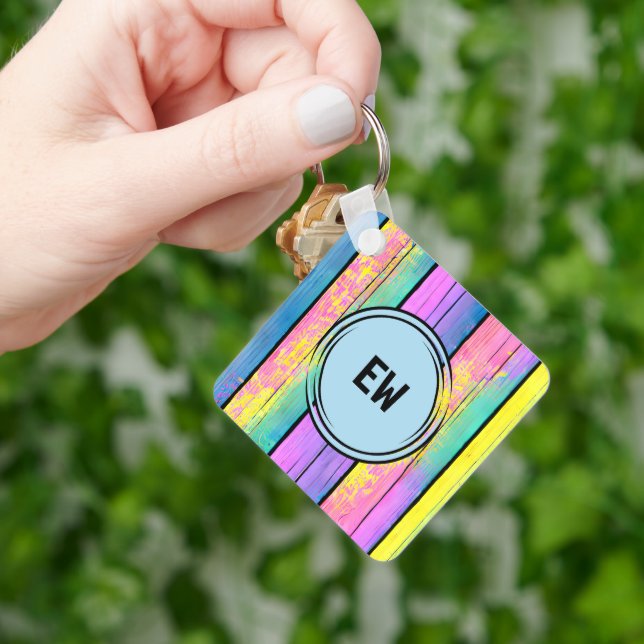 Double sided 2 photos add initials blue keychain (Hand)