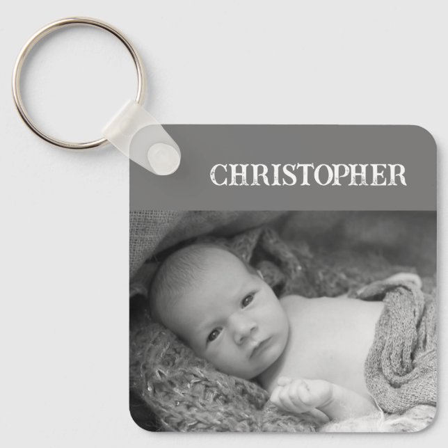 Double sided 2 photos add names grey keychain (Front)