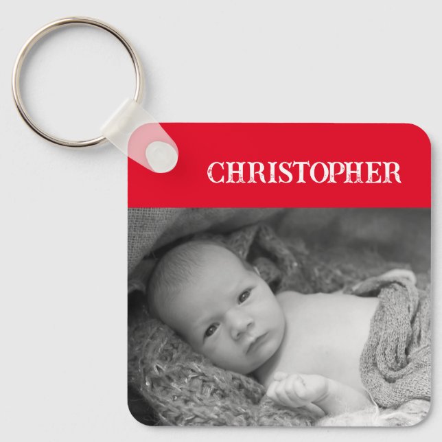 Double sided 2 photos add names red keychain (Front)