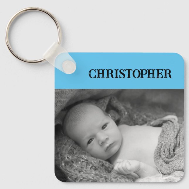 Double sided 2 photos add names sky blue keychain (Front)