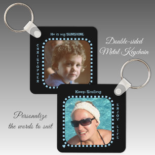 Double sided 2 photos name black blue keychain