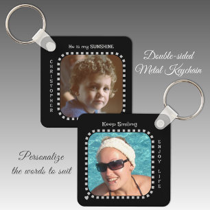 Double sided 2 photos name black grey keychain