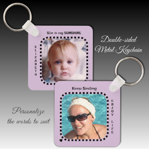 Double sided 2 photos name sunshine purple keychain