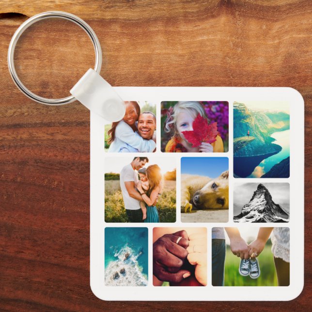 Double Sided 9 Photo Collage Square Metal Keychain (Front)