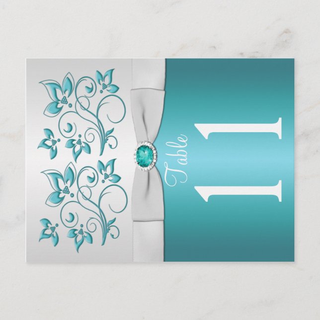 Double-sided Aqua and silver Floral Table Number Postcard (Front)