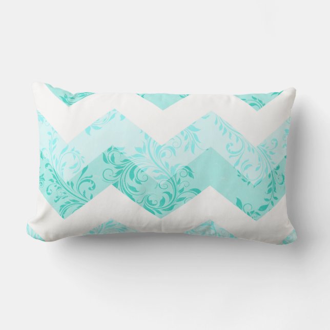 Double-sided Aqua damask chevron lumbar pillow (Front)