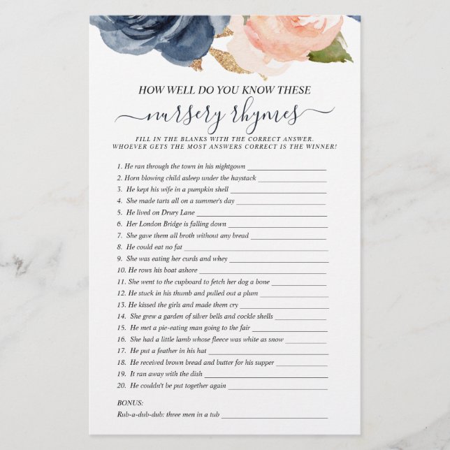 Double Sided Baby Pink Navy Floral Shower Games (Front)