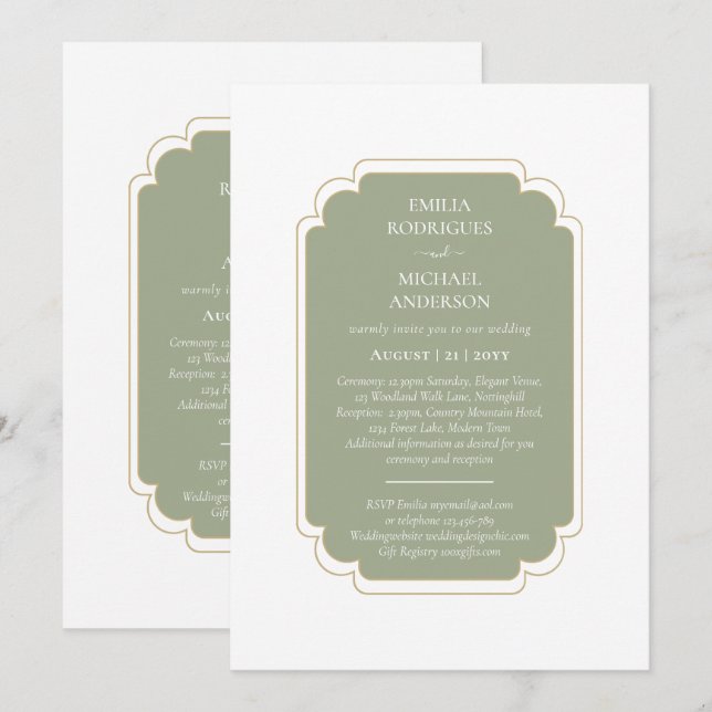 Double Sided BILINGUAL Wedding Olive Green Invitation (Front/Back)