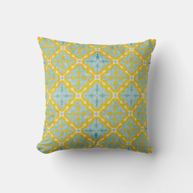 Double-sided blue and yellow batik style custom  throw pillow (Front)
