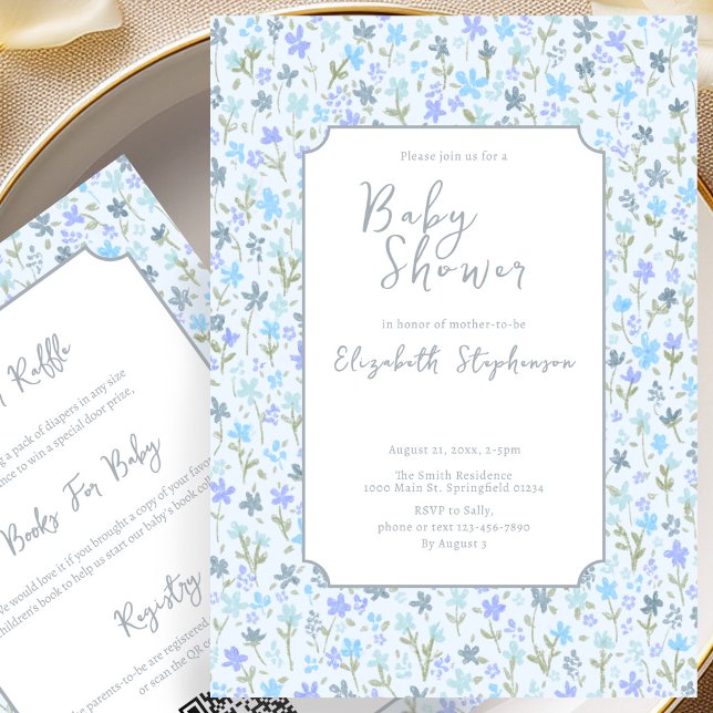 Double Sided Blue Flowers Baby Shower Invitation (Creator Uploaded)