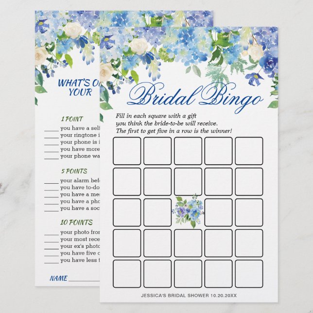 DOUBLE SIDED Blue Hydrangea Bridal Shower Game (Front/Back)