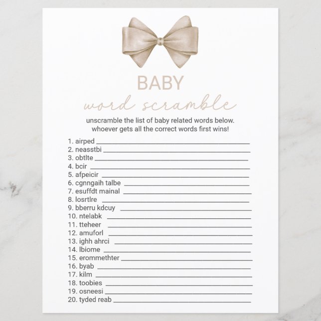 Double Sided Boho Bow Baby Shower Game Card (Front)