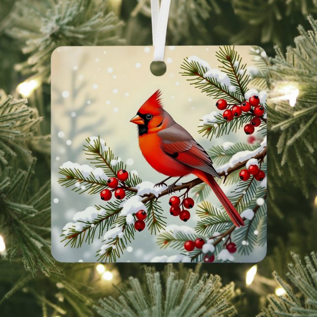 Double Sided Christmas Cardinals Metal Ornament (Insitu)