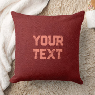 Double Sided Custom Text Red Brown Leather Look Throw Pillow