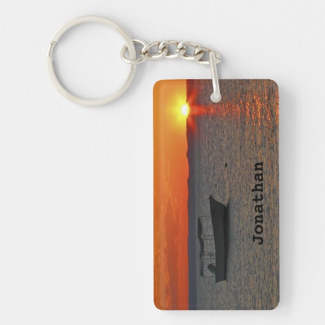 Double Sided Fishing Boat, Orange Sunset Sky, Name Keychain (Front)
